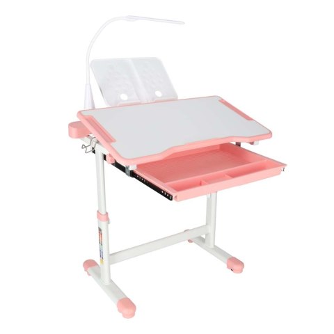Biurko dziecięce szkolne regulowane krzesło lampka LED USB różowe