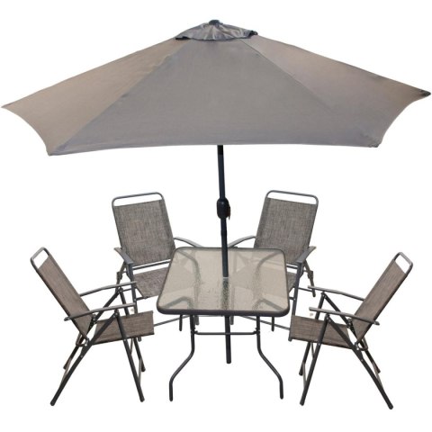 ZESTAW MEBLI OGRODOWYCH SYDNEY STÓŁ 4 KRZESŁA I PARASOL SZARY ZESTAW MEBLI OGRODOWYCH SYDNEY STÓŁ 4 KRZESŁA I PARASOL SZARY