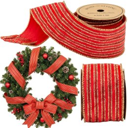 WSTĄŻKA ZŁOTE PASKI 6,3CMx3M CZERWONA