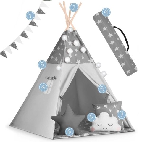 Namiot tipi dla dzieci z girlandą i światełkami Nukido - szare w gwiazdki Namiot tipi dla dzieci z girlandą i światełkami Nukido - szare w gwiazdki