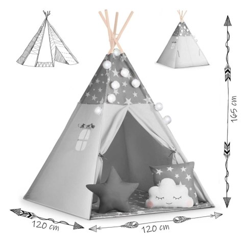 Namiot tipi dla dzieci z girlandą i światełkami Nukido - szare w gwiazdki Namiot tipi dla dzieci z girlandą i światełkami Nukido - szare w gwiazdki
