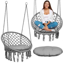 FOTEL WISZĄCY DO OGRODU – HUŚTAWKA BOCIANIE GNIAZDO XXL BOHO SZARY+PODUSZKA