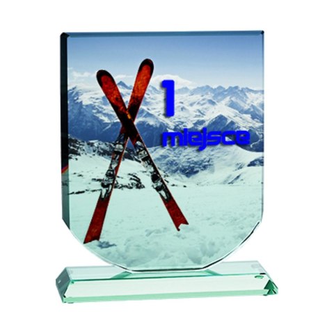 Trofeum szklane z nadrukiem kolorowym LuxorJet, grawerowaniem oraz wypełnieniem farbą i etui Trofeum szklane z nadrukiem kolorowym LuxorJet, grawerowaniem oraz wypełnieniem farbą i etui