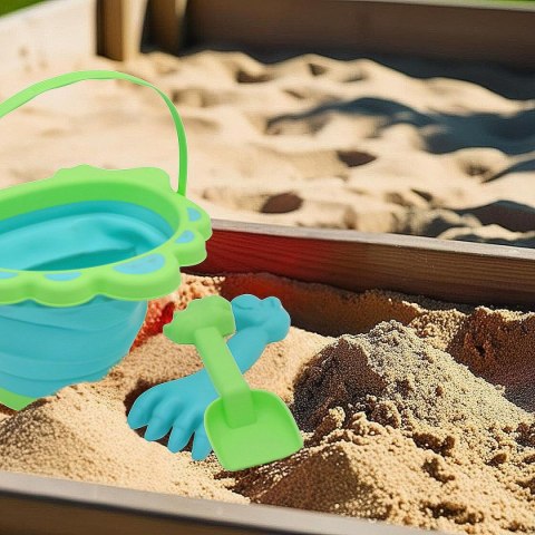WIADERKO DO PIASKU SKŁADANE DINOZAUR Z ŁOPATKĄ I GRABKAMI ZIELONE WIADERKO DO PIASKU SKŁADANE DINOZAUR Z ŁOPATKĄ I GRABKAMI ZIELONE