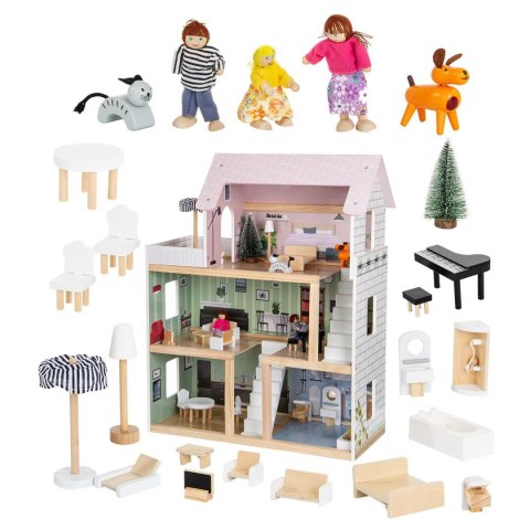 DOMEK DLA LALEK DREWNIANY LED 62x27x77CM + 3 LALKI + 2 ZWIERZĄTKA DOMEK DLA LALEK DREWNIANY LED 62x27x77CM + 3 LALKI + 2 ZWIERZĄTKA