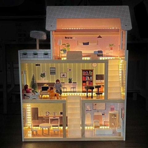 DOMEK DLA LALEK DREWNIANY LED 62x27x77CM + 3 LALKI + 2 ZWIERZĄTKA DOMEK DLA LALEK DREWNIANY LED 62x27x77CM + 3 LALKI + 2 ZWIERZĄTKA