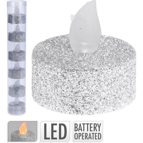 ZESTAW 6 ŚWIECZEK LAMPEK TEA LIGHT LED SREBRNY BROKAT ZESTAW 6 ŚWIECZEK LAMPEK TEA LIGHT LED SREBRNY BROKAT